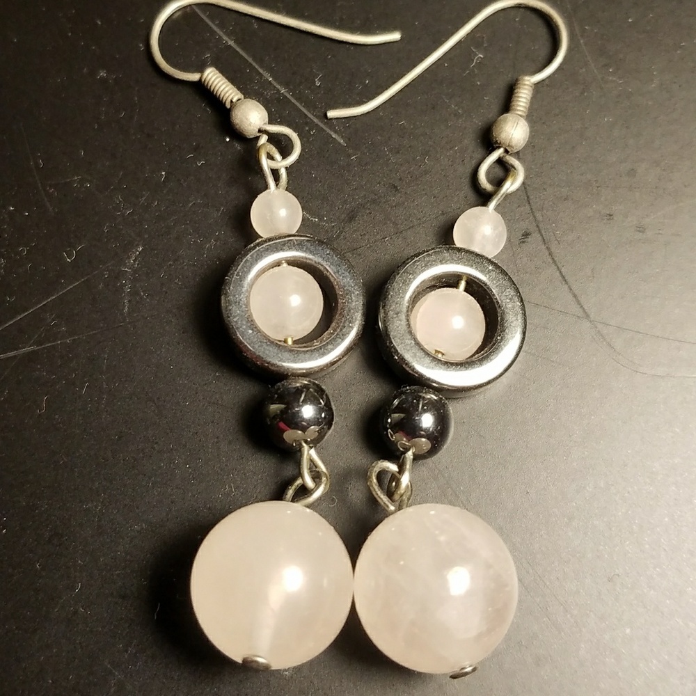 Rose quartz and hematite drop earrings